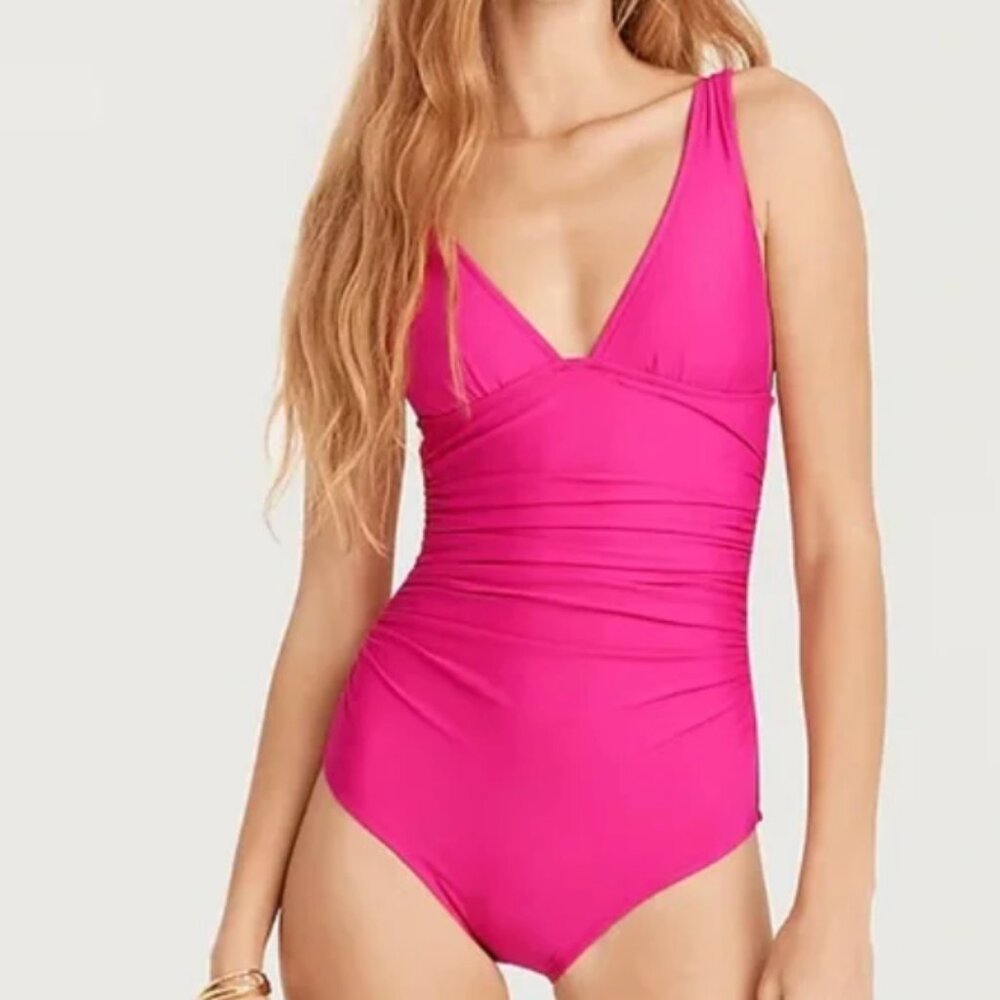 J. CREW Ruched V-Neck One Piece Swimsuit Women's 8 Radiant Fuchsia BC116‎ Beach